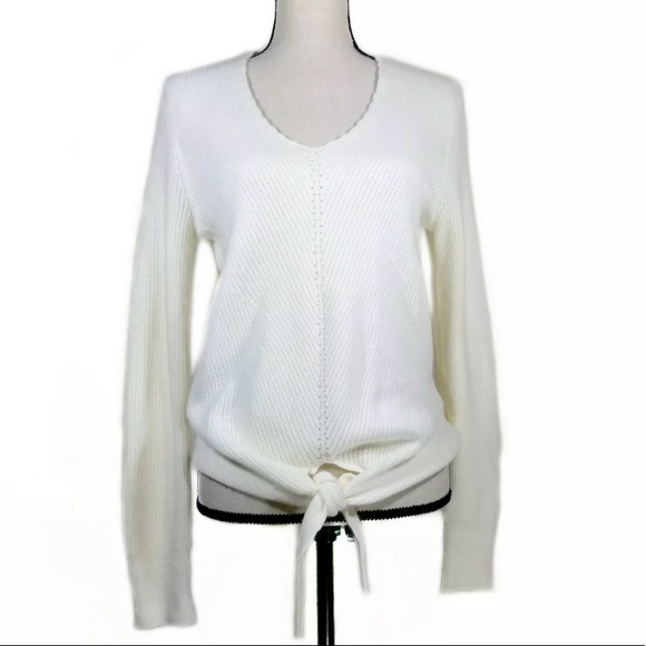 Anthropologie Moth Cream Ribbed Tie Front Sweater - Picture 2 of 7